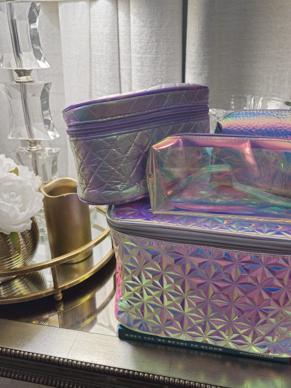 Holographic Iridescent Cosmetic Bag Set - Pink / Purple / Green